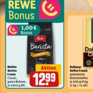 ab 28.04. ☕️ Melitta Barista Crema Classic ganze Bohnen 1kg mit Rewe Bonus eff. für 11,99€
