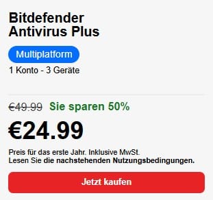Bitdefender Antivirus Plus für 24,99 € (statt 49,99 €) – 50% Rabatt für das erste Jahr. Schützt 1 Konto auf bis zu 3 Geräten. Preis inkl. MwSt.