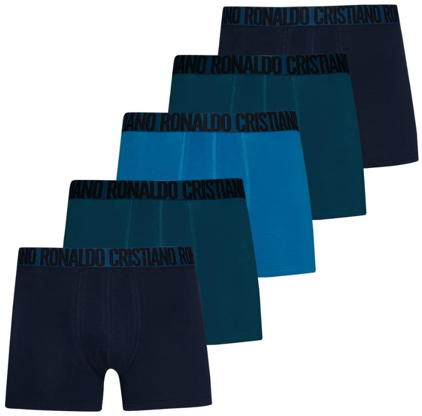 Fünf Paar Cristiano Ronaldo Herren-Boxershorts in verschiedenen Blau- und Türkistönen, mit schwarzem Bund und großem 'Cristiano Ronaldo'-Schriftzug.
