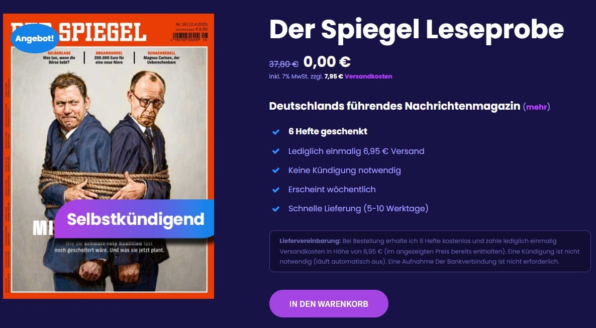 Der Spiegel Leseprobe bei Aboheld für 0,00€ + 7,95€ Versandkosten