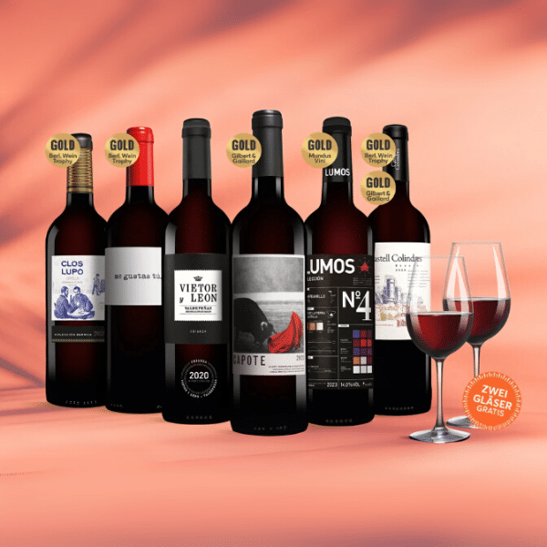 Vinos Tinto Paket mit 6 Flaschen Rotwein inkl. 2 Gläser von Schott Zwiesel für 25,99€ (statt 47,70€)