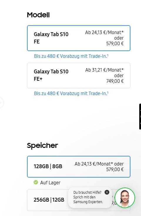 Samsung Galaxy Tab S10 FE Modellauswahl