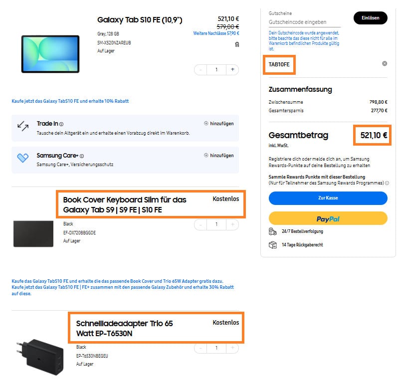 Galaxy Tab S10 FE mit gratis Zubehör im Warenkorb