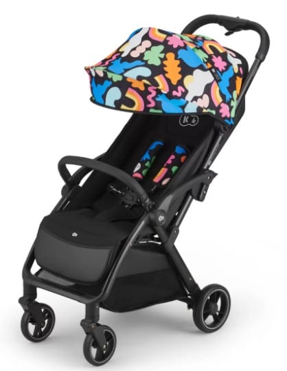 Kinderkraft Buggy Apino in der Farbvariante 'Happy Shapes', mit einem bunten, grafisch gestalteten Sonnenschutzdach und einem schwarzen Gestell.