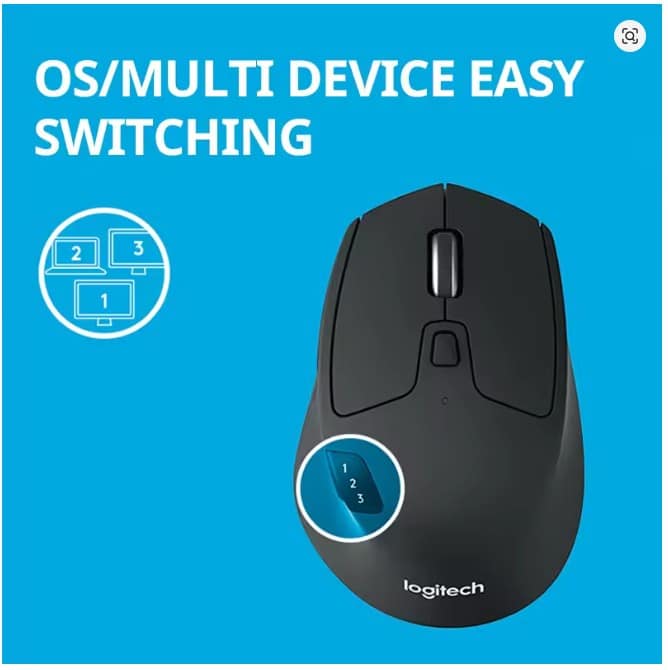 Logitech M720 Triathlon Maus mit dem Hinweis auf das einfache Umschalten zwischen mehreren Geräten (OS/Multi Device Easy Switching).