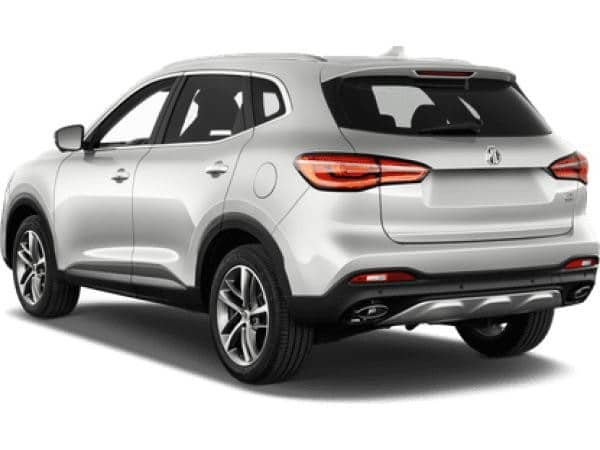 Rückansicht des weißen MG EHS PHEV Luxury SUV, das ein modernes Design mit sportlichen Akzenten und einer markanten Heckpartie zeigt.