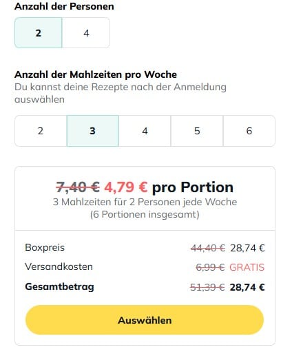 Auswahl der Anzahl der Personen und Mahlzeiten bei Marley Spoon, darunter der Preis