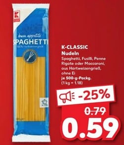 K-Classic Nudeln für 0,59 € je 500-g-Packg. (versch. Sorten, ab 24.04.2025)