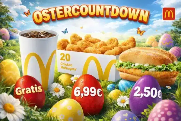 McDonald's Oster Countdown 2026: Burger, Nuggets und Cola zwischen Ostereiern auf einer Wiese vor blauem Himmel