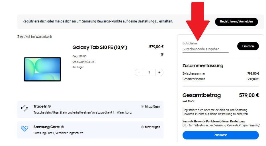 Samsung Warenkorb Gutscheineingabe