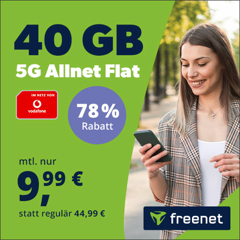 40GB LTE/5G Allnet im Vodafone-Netz für 9,99€/Monat (freenet)