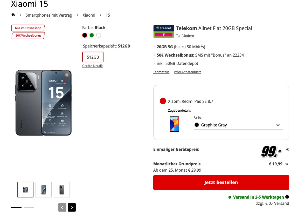 Angebot: Xiaomi 15 im Telekom inkl. Xiaomi Redmi Pad SE 8.7 im Allnet Flat 20GB Special

