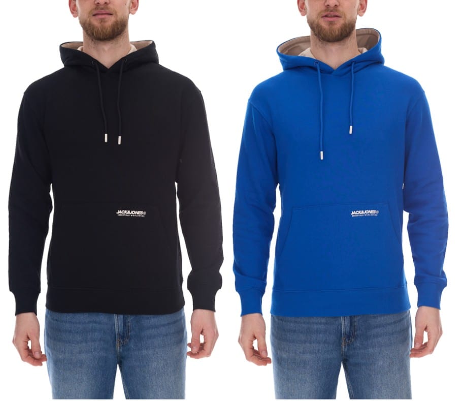 Ein schwarzer und ein blauer Jack & Jones Herren-Hoodie, getragen von demselben Model