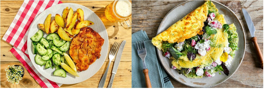 Zwei Gerichte von Marley Spoon - links Wiener Schnitzel, rechts Zucchini-Crêpes mit Ziegenfrischkäse