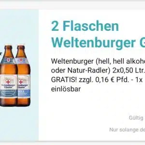 Gratis 2 Flaschen Weltenburger z.B. hell in der Logo App