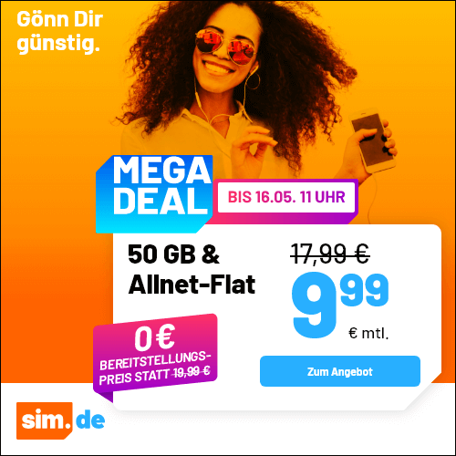Thumbnail 5G/LTE Handy Allnets 📲 3GB für 2,99€ | 20GB für 5,99€ | 50GB für 9,99€ | 80GB für 14,99€ | 150GB für 24,99€ | Unlimited on demand für 29,99€ ⏰ nur für kurze Zeit (sim.de im 1&amp;1-Netz)