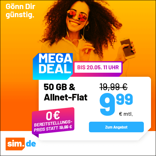 Thumbnail 5G/LTE Handy Allnets 📲 3GB für 2,99€ | 20GB für 5,99€ | 50GB für 9,99€ | 80GB für 14,99€ | 150GB für 24,99€ | Unlimited on demand für 29,99€ ⏰ nur für kurze Zeit (sim.de im 1&amp;1-Netz)