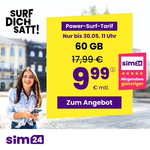 Thumbnail mtl. kündbare 5G/LTE Handy Allnet mit 3GB für 2,99€ 😱 oder 15GB für 4,99€ | 30GB für 6,99€ | 60GB für 9,99€ | 90GB für 14,99€ | Unlimited on demand für 19,99€ (SIM24 im 1&amp;1-Netz)