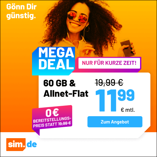 Thumbnail 5G/LTE Handy Allnets 📲 2GB für 2,99€ | 20GB für 5,99€ | 40GB für 7,99€ | 60GB für 11,99€ | 80GB für 14,99€ | Unlimited on demand für 19,99€ ⏰ nur für kurze Zeit (sim.de im 1&amp;1-Netz)