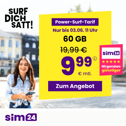 Thumbnail mtl. kündbare 5G/LTE Handy Allnet mit 3GB für 2,99€ 😱 oder 15GB für 4,99€ | 30GB für 6,99€ | 60GB für 9,99€ | 90GB für 14,99€ | Unlimited on demand für 19,99€ (SIM24 im 1&amp;1-Netz)