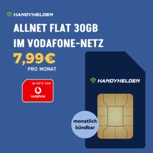 🚨 LETZTE Chance: Handyhelden: 30GB LTE/5G Allnet-Flat im Vodafone-Netz (1 Monat oder 24 Monate Laufzeit) für 7,99€/Monat