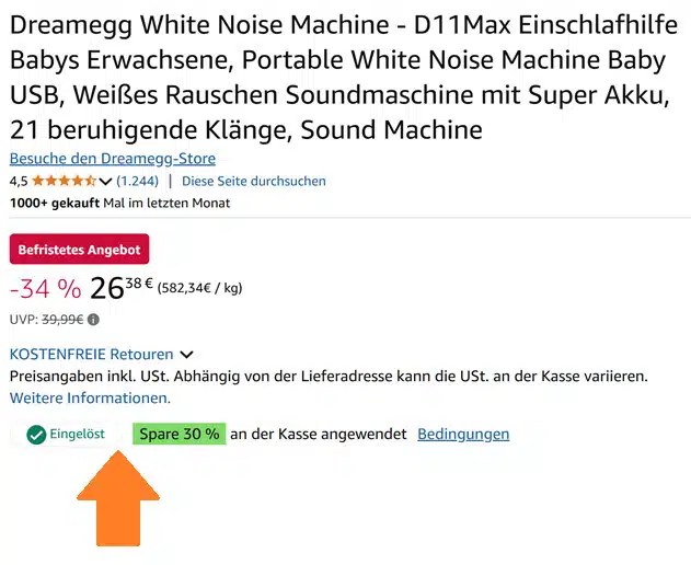 30% Gutschein an der Kasse einlösen auf Dreamegg White Noise Machine