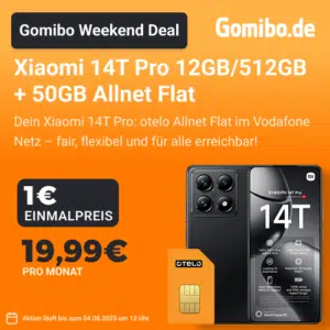 Eff. GRATIS! 🫨 Xiaomi 14T Pro (512GB) für 1€ + 50GB 5G/LTE Vodafone Allnet für 19,99€/Monat + 50€ Wechselbonus + 0€ AG (Otelo Allnet-Flat Classic)