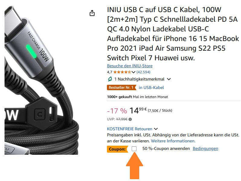 INIU USB-C auf USB-C Kabel, 100W, mit 50% Rabatt-Coupon sichtbar. Das Kabel ist 2m lang und eignet sich für schnelles Laden von Geräten wie iPhone, MacBook, Samsung Galaxy, PS5 und weiteren. Der Preis beträgt 14,99 € statt 17,99 €.