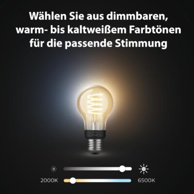 Philips Hue White Ambience E27 Standard Filament sorgt durch einstellbares Licht für die passende Stimmung.