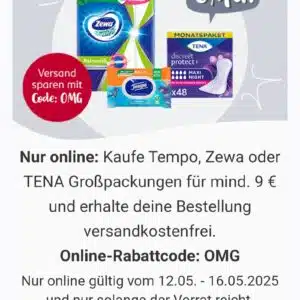 Tempo/Zewa/Tena Großpackung für mind. 9,00€ kaufen&#061;gratis Versand bei Rossmann