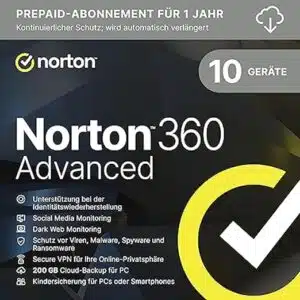 Norton 360 Advanced (1 Jahr, 10 Geräte) für nur 14,99 €, starke 81% Ersparnis!