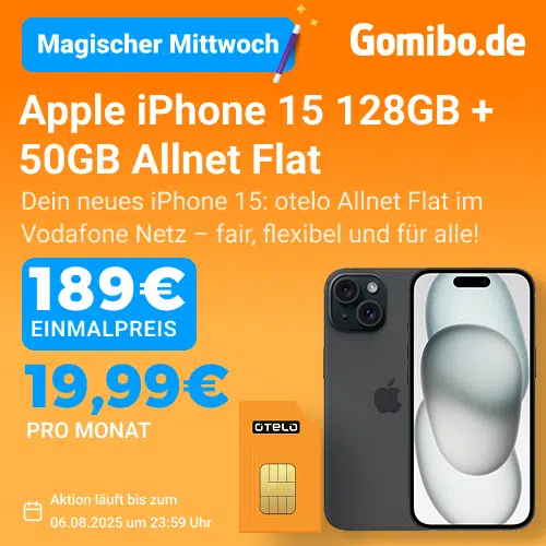 Thumbnail NUR HEUTE 🍎 Apple iPhone 15 (128GB) für 189€ + 50GB 5G/LTE Allnet für 19,99€/Monat + 50€ Wechselbonus (otelo Allnet Flat Classic)