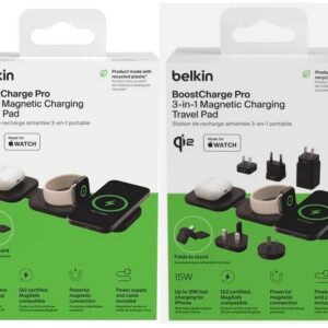 Belkin Magnetische kabellose einklappbare 3-in-1-Reiseladestation mit Qi2 und Reisetasche (15 W) für 110,49€ statt 129,99€ | (mit Reisestecker-Set) für 118,99€ statt 125,78€