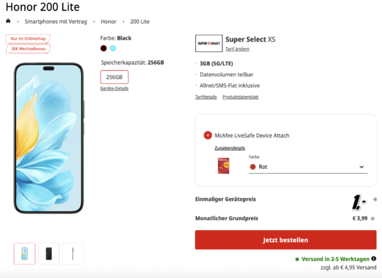 Honor 200 Lite Smartphone in Schwarz mit 256 GB Speicher und Super Select XS Tarif im o2-Netz.