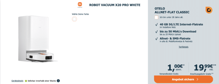 Xiaomi Robot Vacuum X20 Pro in Weiß mit Otello Allnet-Flat Classic Tarif im Vodafone-Netz.