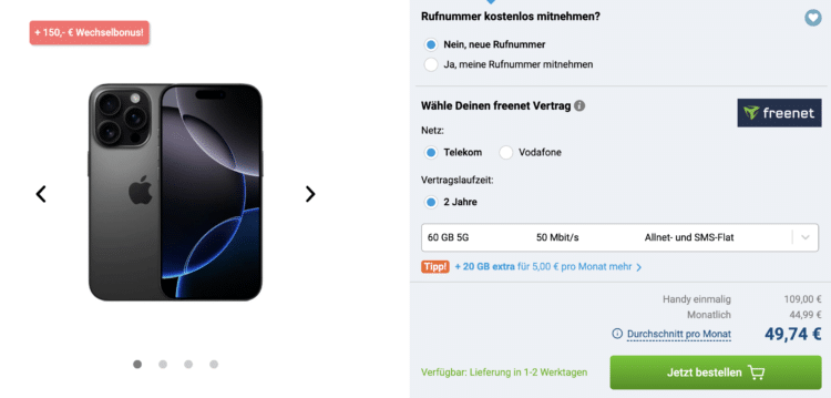 Apple iPhone 15 Pro in Schwarz mit 60 GB 5G Tarif im Telekom-Netz und freenet Vertrag.