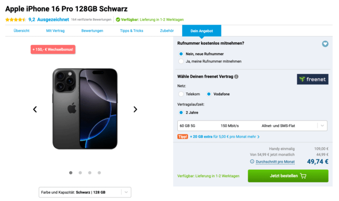 Apple iPhone 16 Pro 128 GB in Schwarz mit 60 GB 5G Tarif im Vodafone-Netz und freenet Vertrag.