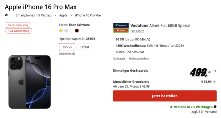 Apple iPhone 16 Pro Max mit Vodafone Allnet Flat.