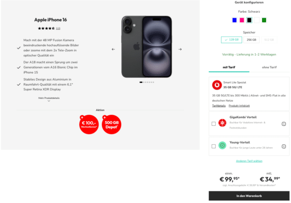 Apple iPhone 16 mit Vodafone Allnet.