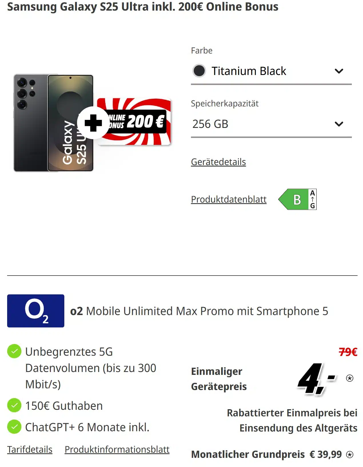 Galaxy S25 Ultra Tarif in der MediaMarkt Tarifwelt mit o2 Allnet