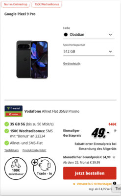 Google Pixel 9 Pro mit Vodafone Allnet Flat.