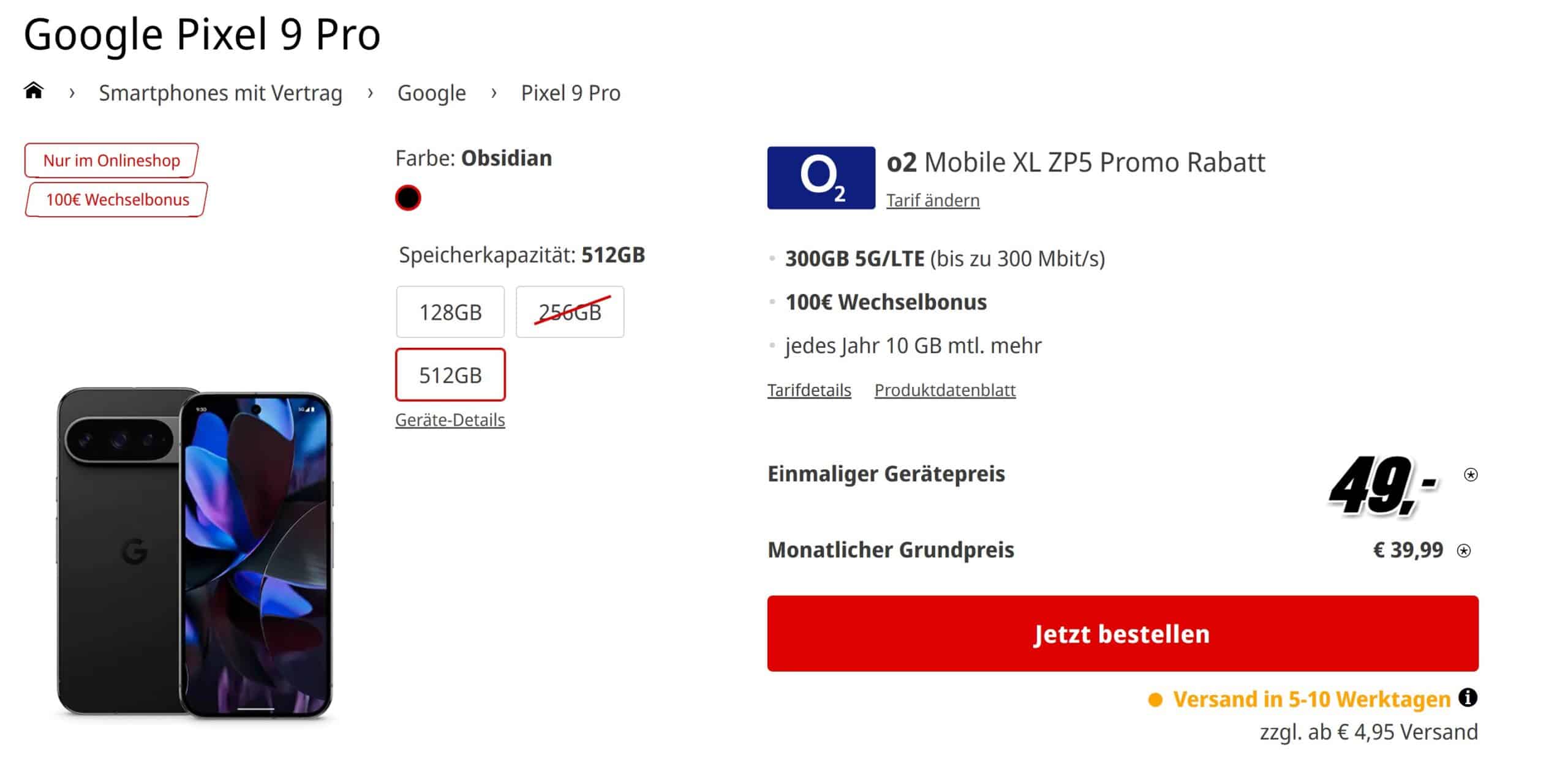 Tarifangebot mit dem Google Pixel 9 Pro mit einer o2 Allnet-Flat in der MediaMarkt Tarifwelt