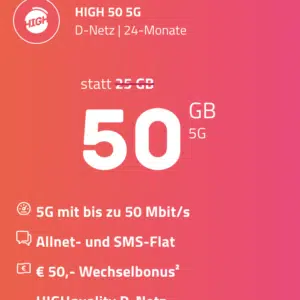 ⭐️ Telekom-Netz: 30GB / 50GB / 70GB LTE/5G Allnet für 9,99€ / 14,99€ / 19,99€ mtl. + 0,00€ AG – HIGH-Tarif