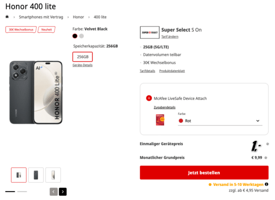 Honor 400 Lite Smartphone in Velvet Black mit 256 GB Speicher und Super Select S On Tarif.