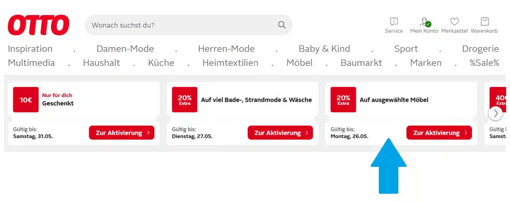 Pfeil auf der OTTO-Startseite, der auf 20% extra auf Möbel zeigt