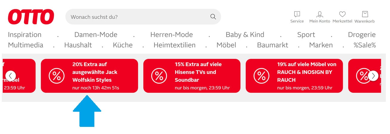 Anzeige auf der OTTO-Webseite für einen Rabatt von 20% auf ausgewählte Jack Wolfskin Styles, gültig für die nächsten 13 Stunden und 42 Minuten.