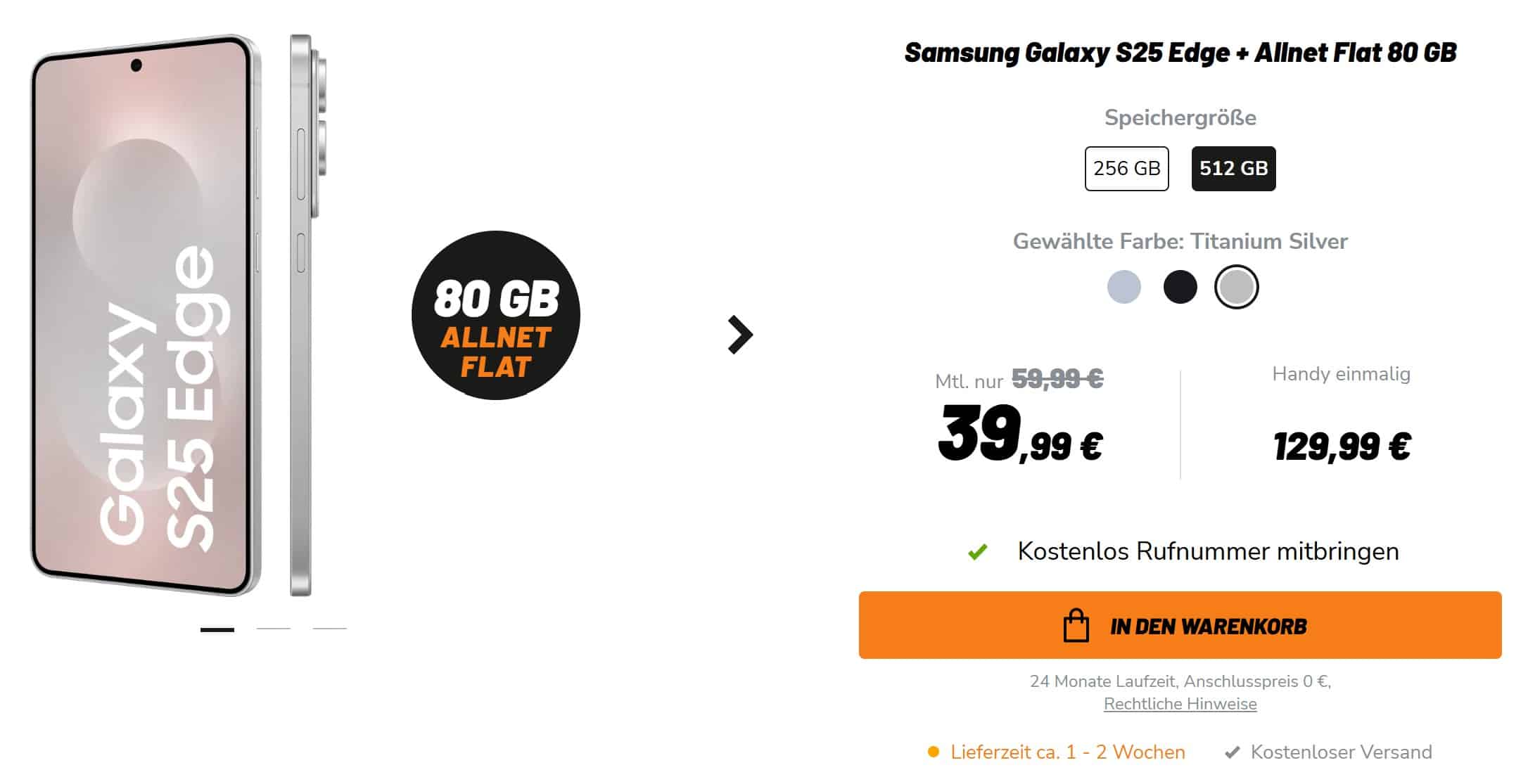 Werbung für das Samsung Galaxy S25 Edge zusammen mit einem 80 GB Allnet-Tarif bei Klarmobil. Das Smartphone kostet einmalig 129,99 €, mit monatlichen Gebühren von 39,99 €.