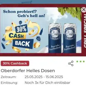 30% Cashback auf Oberdorfer Helles Dosen - Scondoo