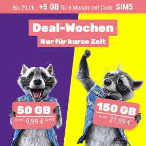 🦝 SIMon mobile: mtl. kündbare 50GB 5G & LTE Vodafone Allnet für 9,99€ mtl. 😎 20GB / 70GB / 100GB / 150GB für 8,99€ / 16,99€ / 19,99€ / 21,99€