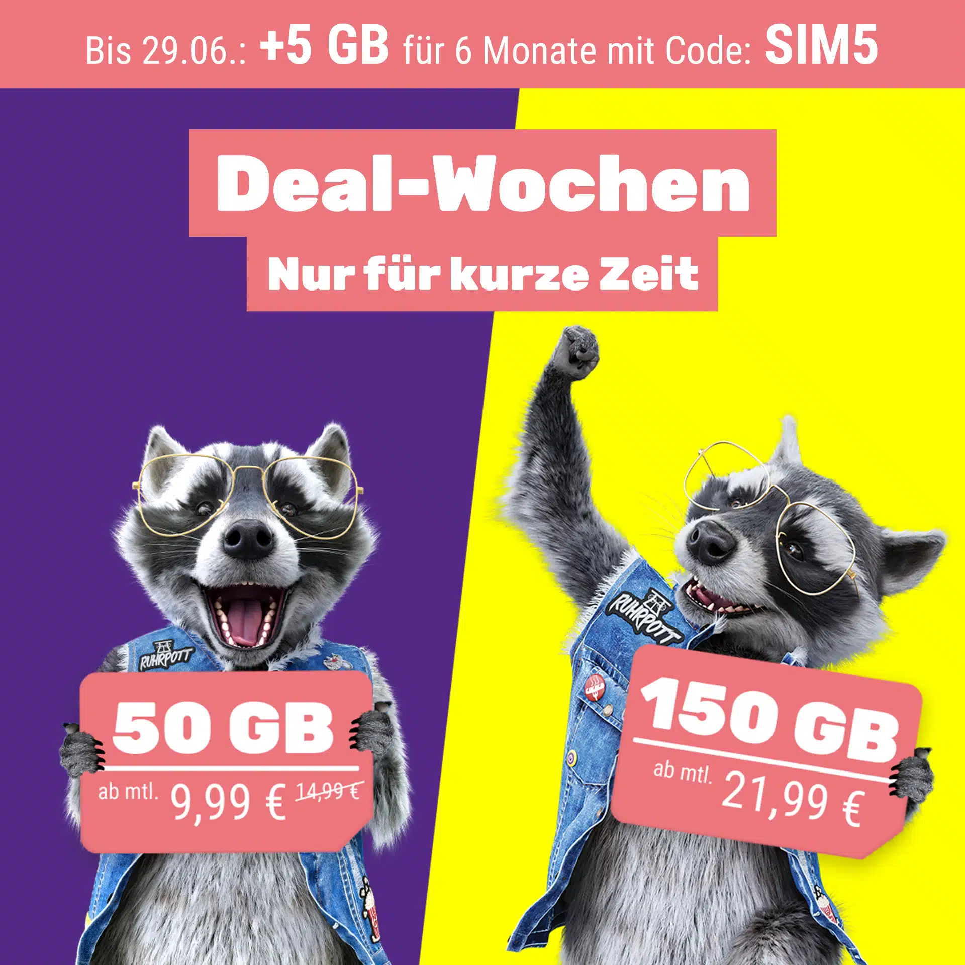 Thumbnail 🦝 SIMon mobile: mtl. kündbare 50GB 5G &amp; LTE Vodafone Allnet für 9,99€ mtl. 😎 20GB / 70GB / 100GB / 150GB für 8,99€ / 16,99€ / 19,99€ / 21,99€